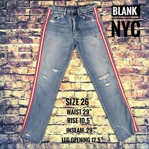 Blank NYC distressed jeans, red stripe, high rise